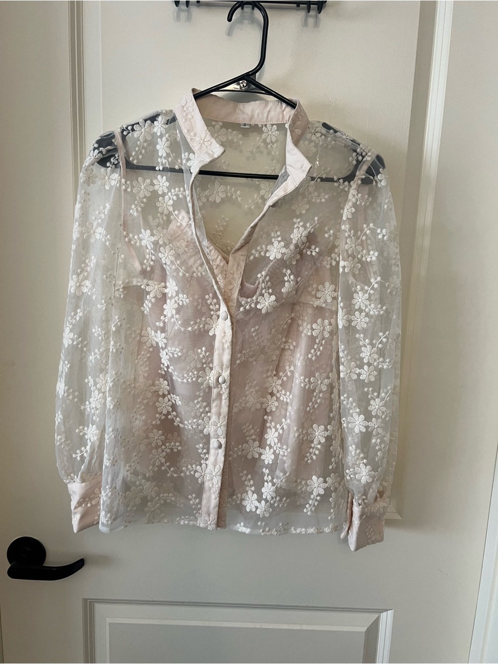 Sheer Floral Lace Button-Front Blouse in Cream and matching shorts set
